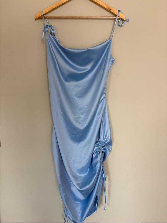 halfisland Dresses & Skirts - Satin Slip Midi Dress with Side Ruched Detail - Light Blue